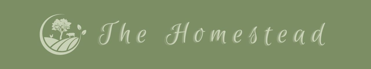 The Homestead Header for The Homestead page describing the kinds of products they sell with a circular graphic of a field with a farm animals and a tree
