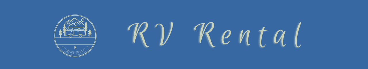 RV Rental RV Rental header with graphic of RV traveling down the road with a mountain and trees in the background