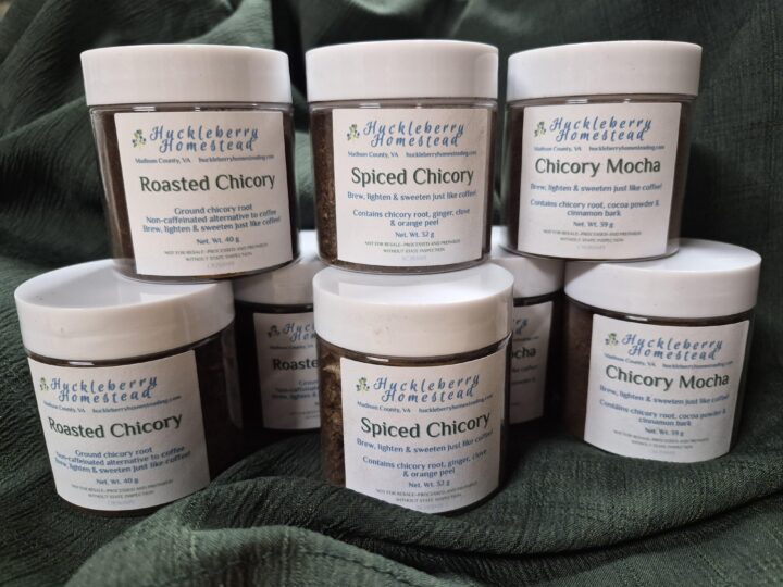 Jars of roasted ground chicory varieties of chicory root coffee substitute